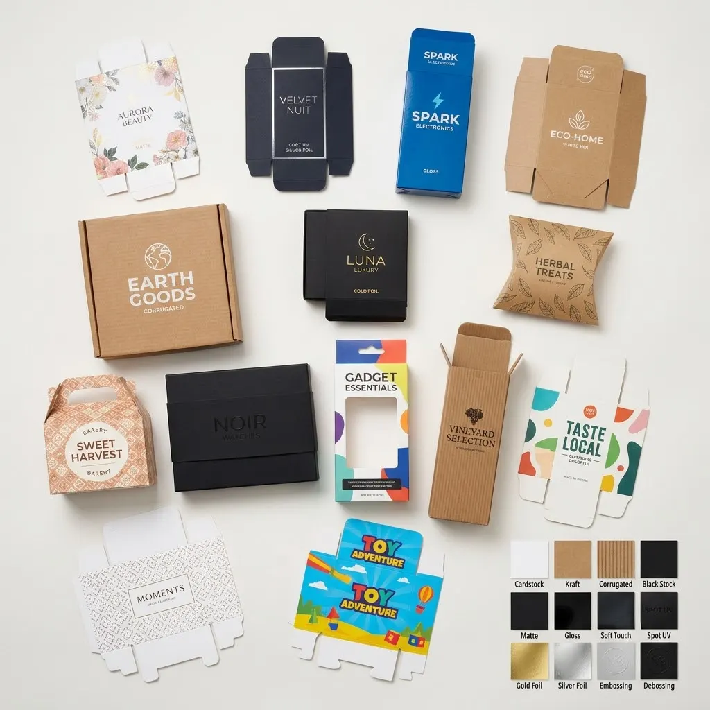 Custom packaging sample kit showing stock and finish options