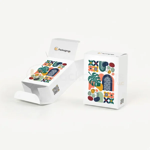 Custom reverse tuck boxes in white SBS paperboard, front view